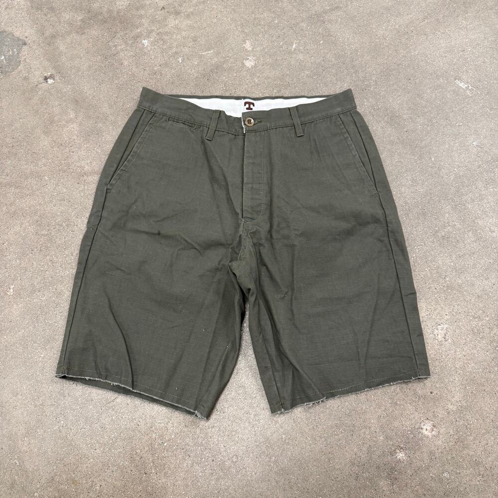 Tellason Mens Size 33 Green Cotton Ripstop Shorts Raw Hem Utility Workwear